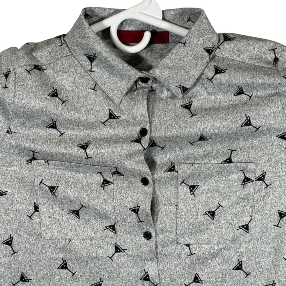 Love Scarlett Martini Glass Print Knit Button Down Shirt Grey Small New